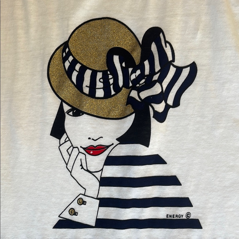 EUC Energy Women’s Paris Tee Shirt Size L White /Navy/Gold
